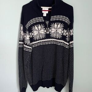 Men’s Aspen Navy Blue/White Snowflake 1/4 Zip 100% Cotton Sweater XL